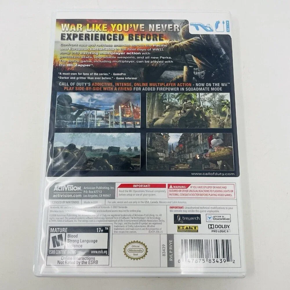 Nintendo Wii Call of Duty World At‎ War Video Game 2008 Activision Mature 17+